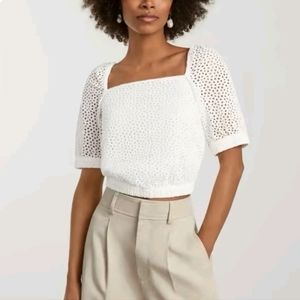 EVERLANE The Eyelet Puff Sleeve White Top Size Medium